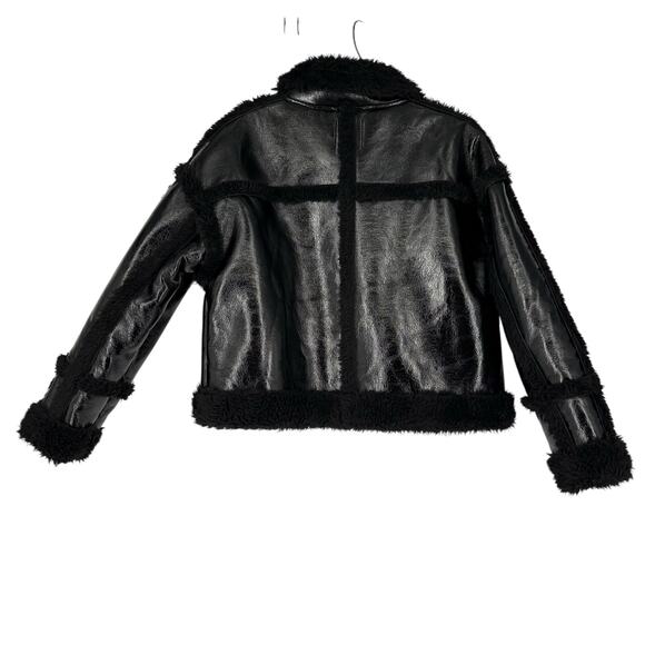Nasty Gal Aviator Jacket Faux Fur Trim Shiny Black Modern Boxy Size 6 Womens - Picture 4 of 12